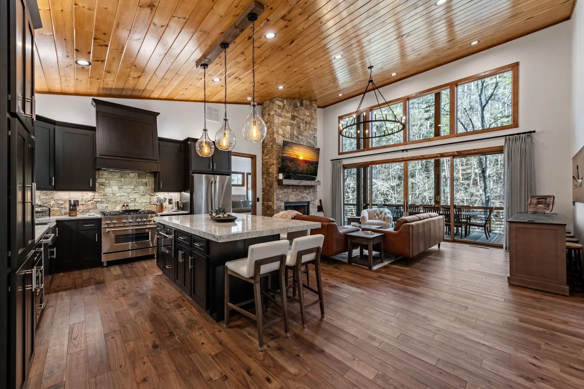 View from main entrance of upper kitchen and living area.
