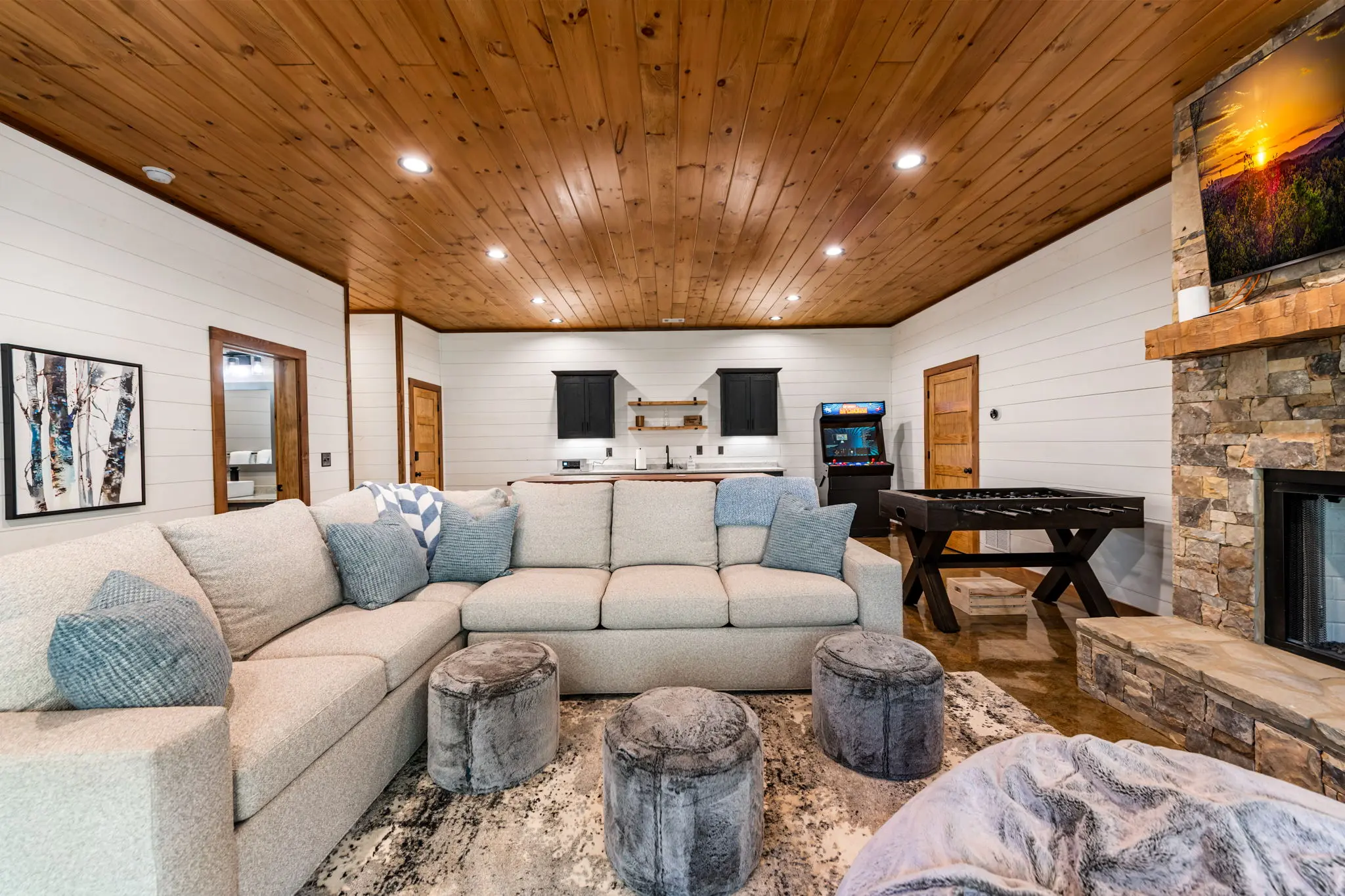 Lower level gathering space with room for everyone.